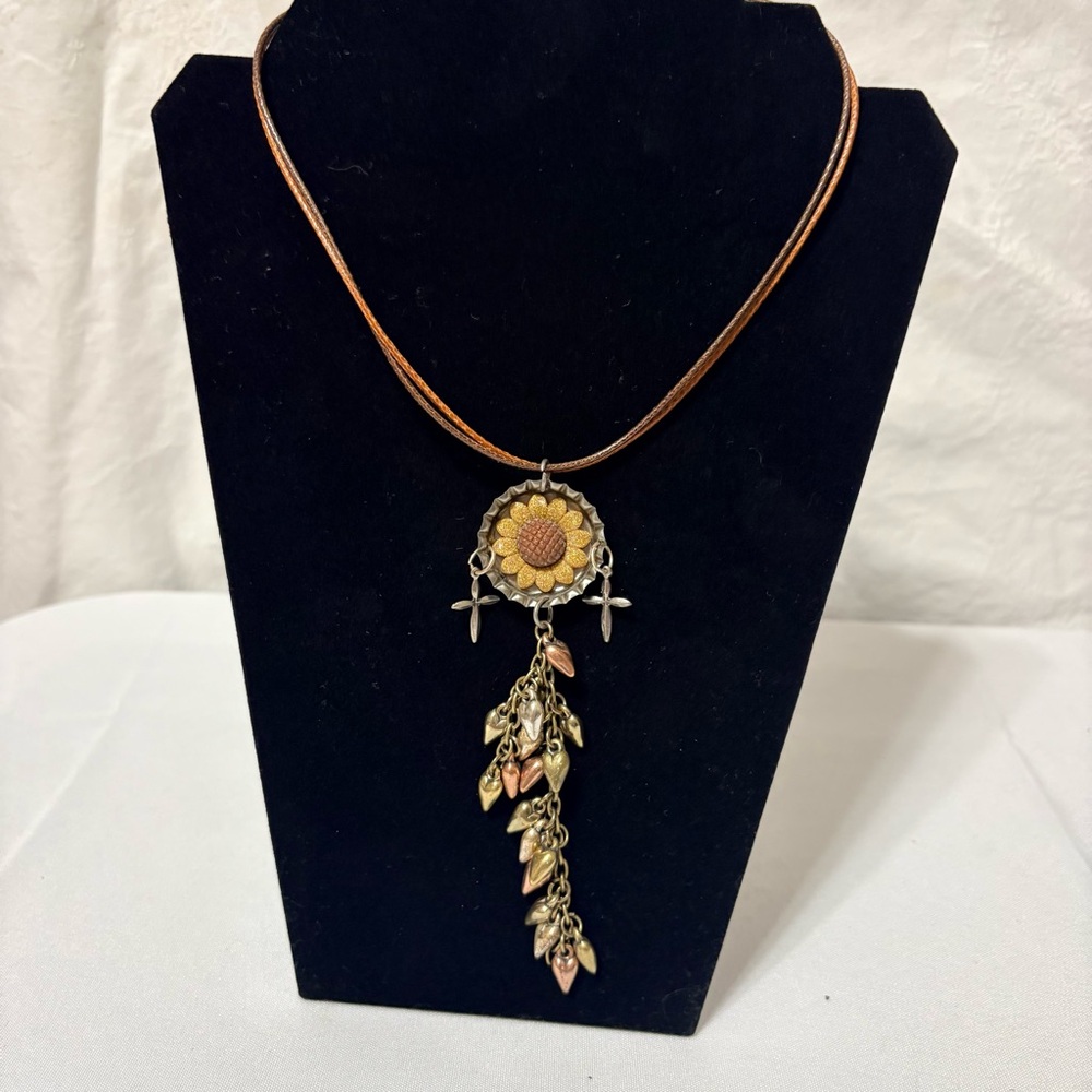 Handmade metal and leather sunflower necklace with multiple dangling charms - Picture 2 of 5